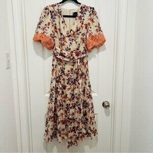 Maison Tara V-Neck Wrap Front Midi Dress Puffed Sleeves in Women's Size Small